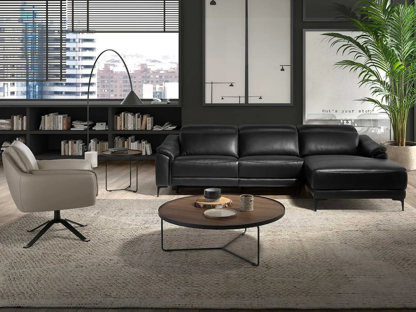 Sofá chaise longue direito em couro preto 6205 ANGEL CERDA