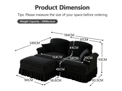 Sofá chesterfield 2 lugares em felpudo preto - com puff e 2 almofadas - saia removível - 194x140x93cm