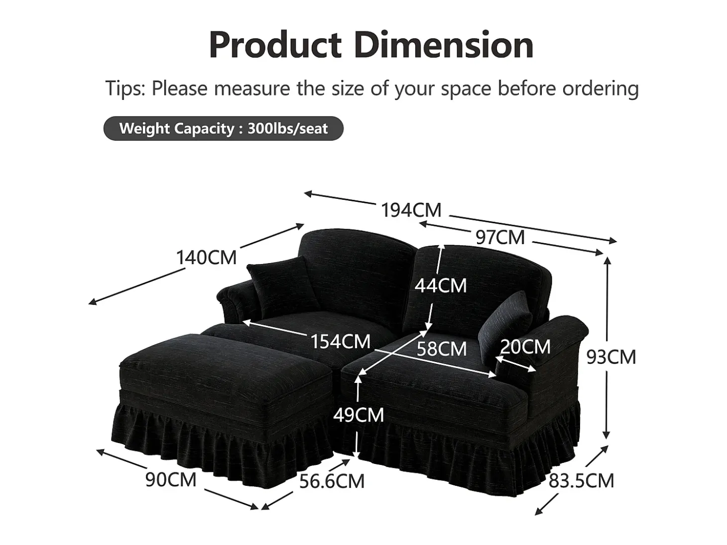 Sofá chesterfield 2 lugares em felpudo preto - com puff e 2 almofadas - saia removível - 194x140x93cm