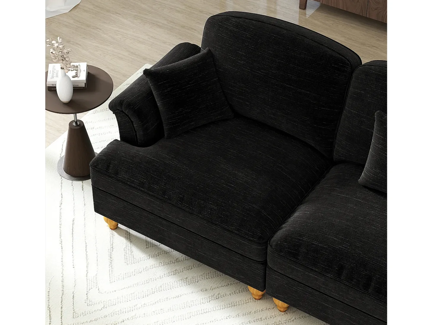 Sofá chesterfield 2 lugares em felpudo preto - com puff e 2 almofadas - saia removível - 194x140x93cm