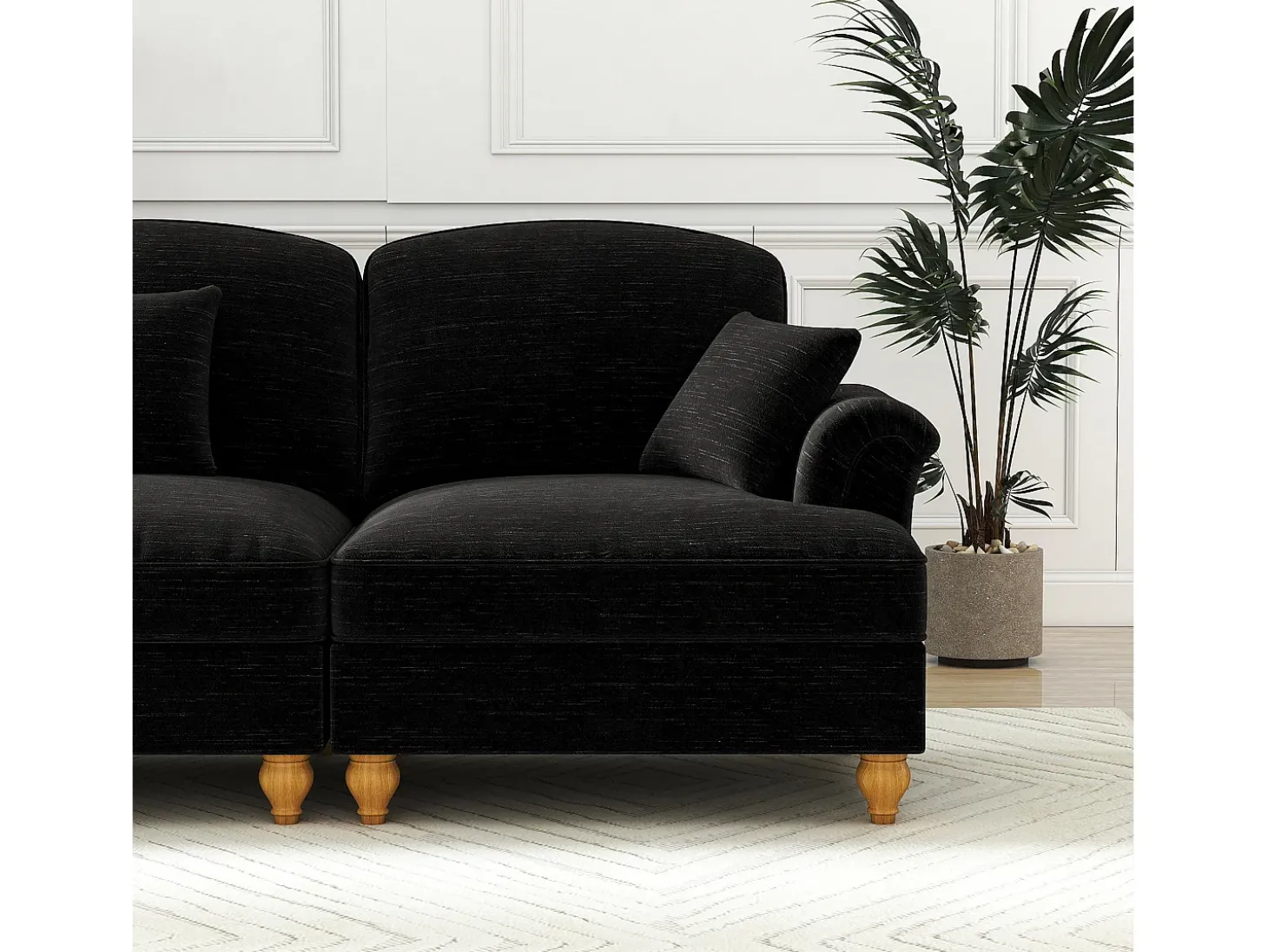 Sofá chesterfield 2 lugares em felpudo preto - com puff e 2 almofadas - saia removível - 194x140x93cm