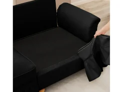 Sofá chesterfield 2 lugares em felpudo preto - com puff e 2 almofadas - saia removível - 194x140x93cm