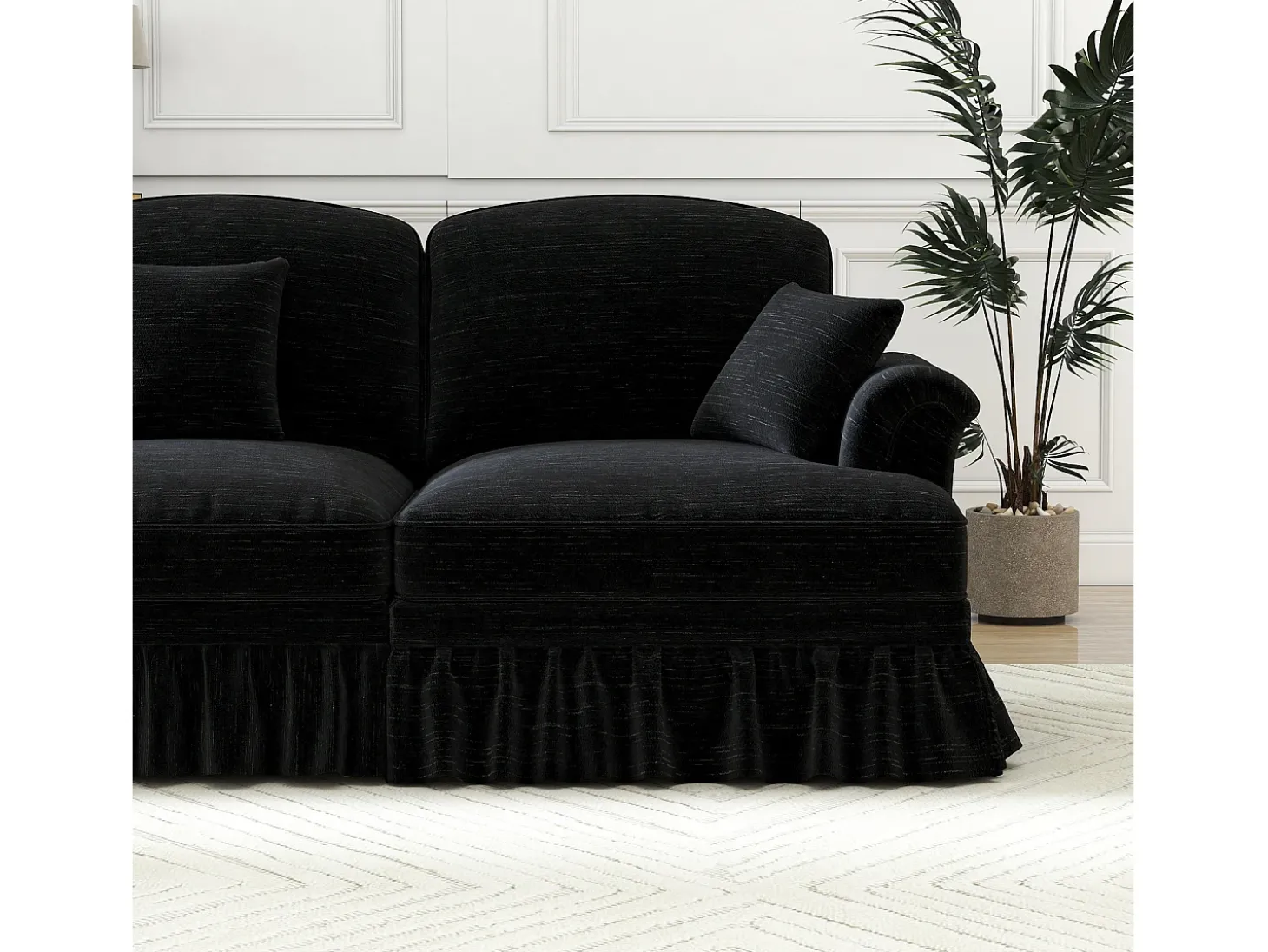 Sofá chesterfield 2 lugares em felpudo preto - com puff e 2 almofadas - saia removível - 194x140x93cm