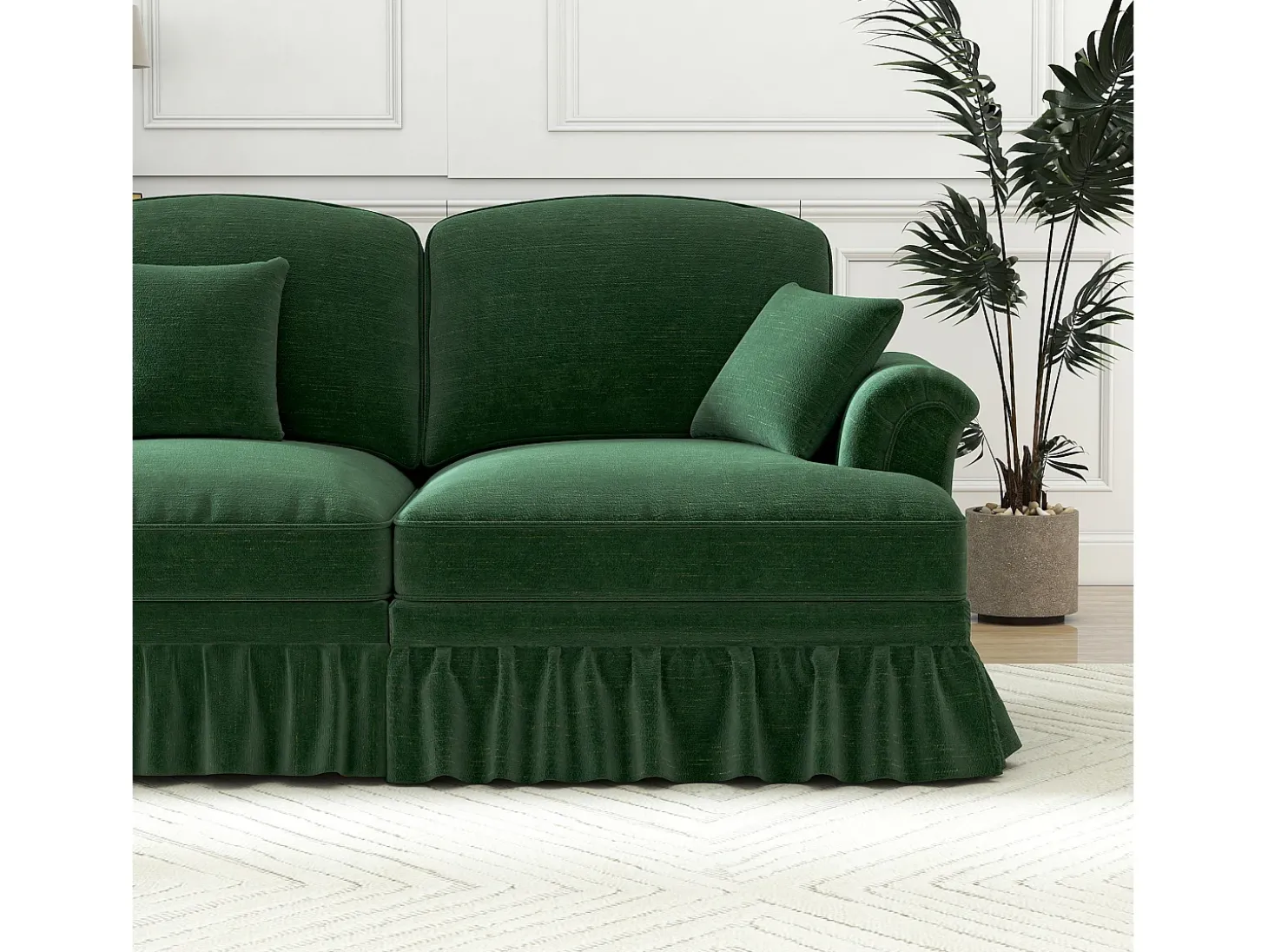 Sofá chesterfield 2 lugares em felpudo verde - com puff e 2 almofadas - saia removível - 194x140x93cm