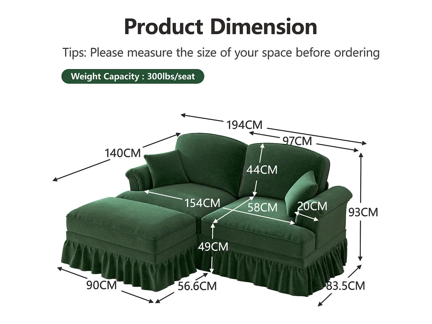 Sofá chesterfield 2 lugares em felpudo verde - com puff e 2 almofadas - saia removível - 194x140x93cm