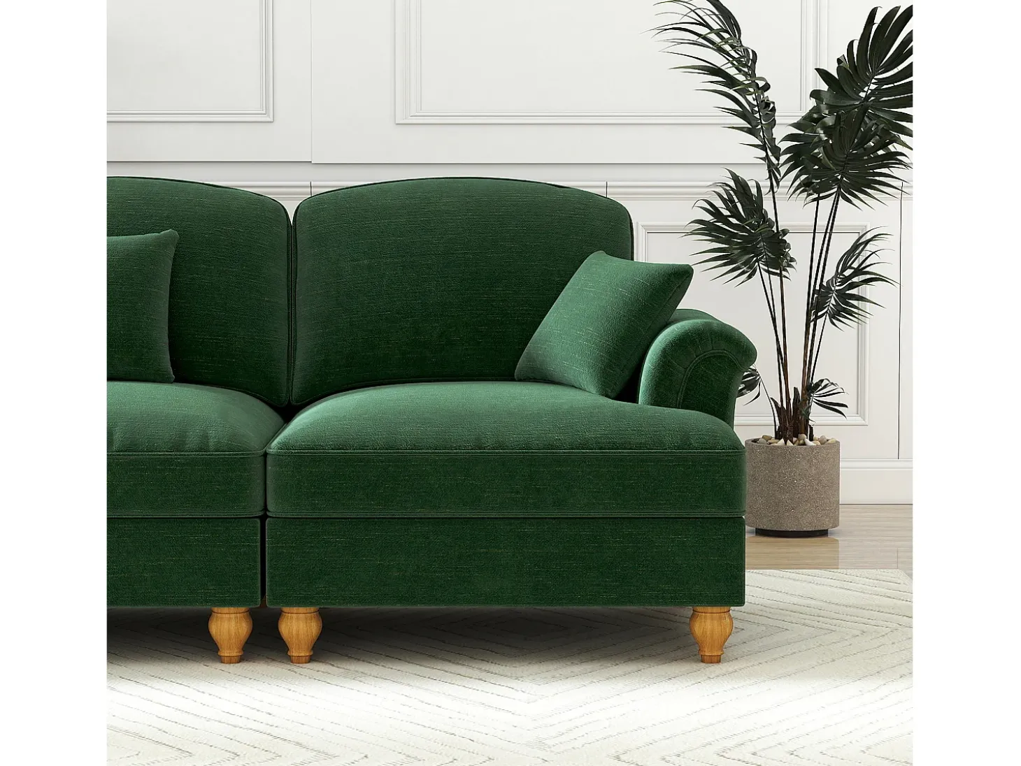 Sofá chesterfield 2 lugares em felpudo verde - com puff e 2 almofadas - saia removível - 194x140x93cm