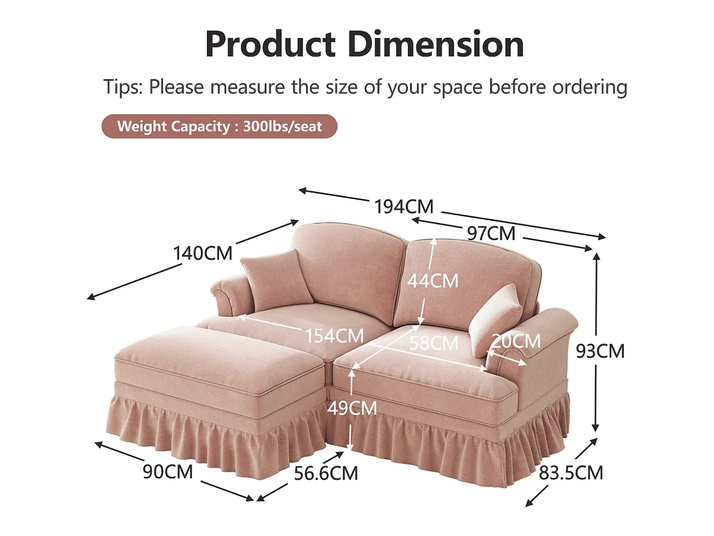 Sofá chesterfield 2 lugares em felpudo rosa - com puff e 2 almofadas - saia removível - 194x140x93cm