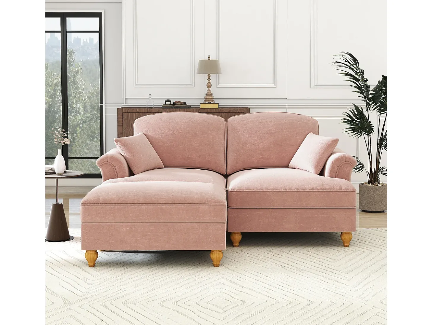 Sofá chesterfield 2 lugares em felpudo rosa - com puff e 2 almofadas - saia removível - 194x140x93cm