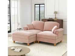 Sofá chesterfield 2 lugares em felpudo rosa - com puff e 2 almofadas - saia removível - 194x140x93cm