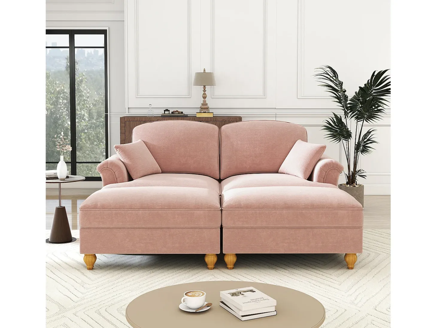 Sofá chesterfield 2 lugares em felpudo rosa - com 2 puffs e 2 almofadas - saia removível - 194x140x93cm