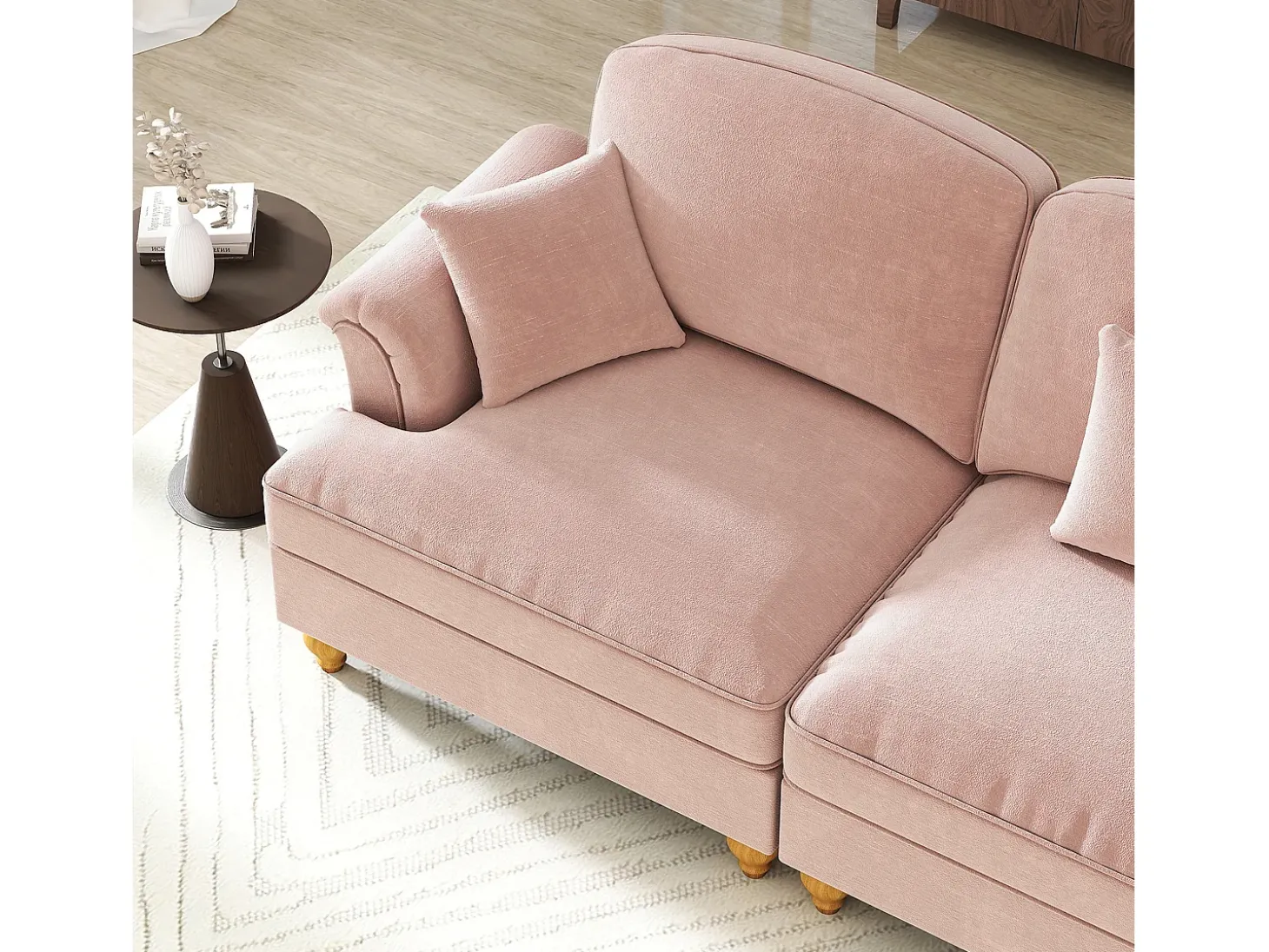 Sofá chesterfield 2 lugares em felpudo rosa - com 2 puffs e 2 almofadas - saia removível - 194x140x93cm