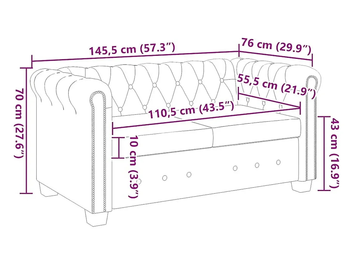 Sofá Chesterfield de 2 lugares em couro artificial branco
