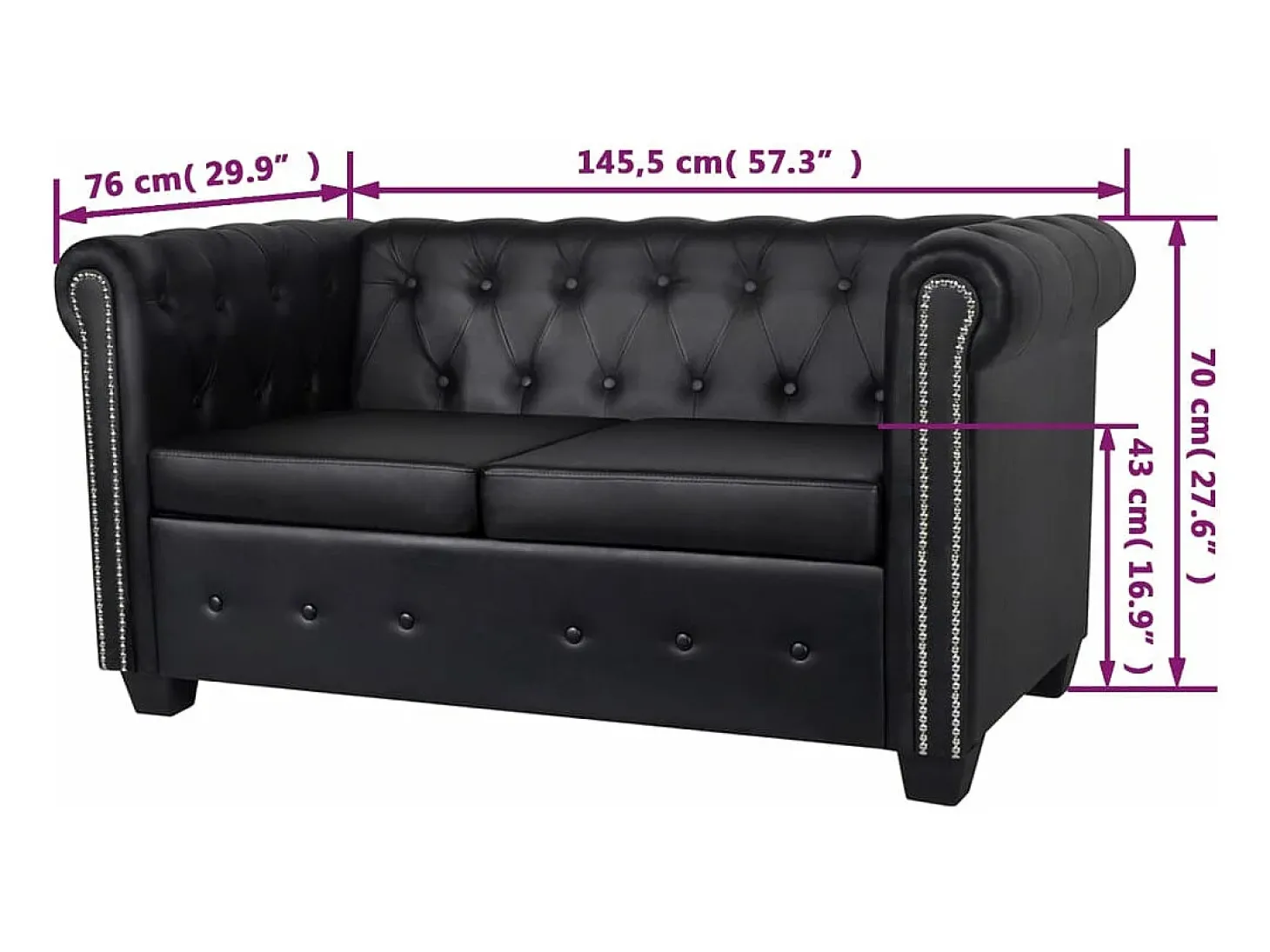Sofá Chesterfield de 2 lugares 145,5 x 76 x 70 cm couro sintético preto 02_0019571