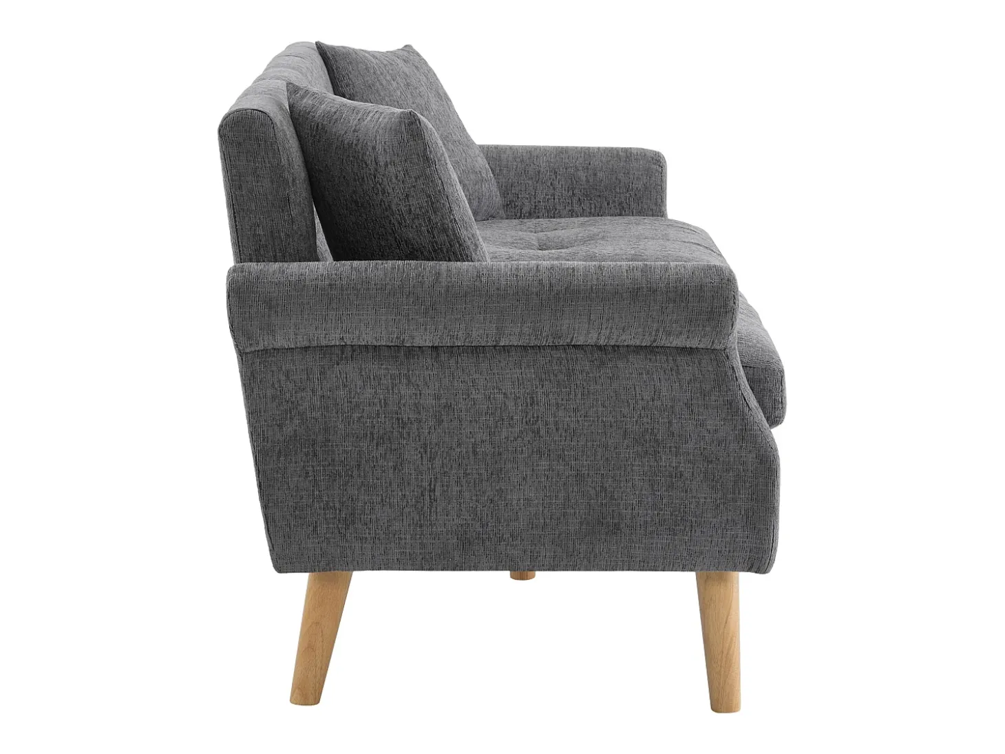 Sofá cinzento de 2 lugares, tecido chenille, pernas em madeira, 162x74x77cm