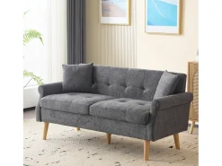 Sofá cinzento de 2 lugares, tecido chenille, pernas em madeira, 162x74x77cm