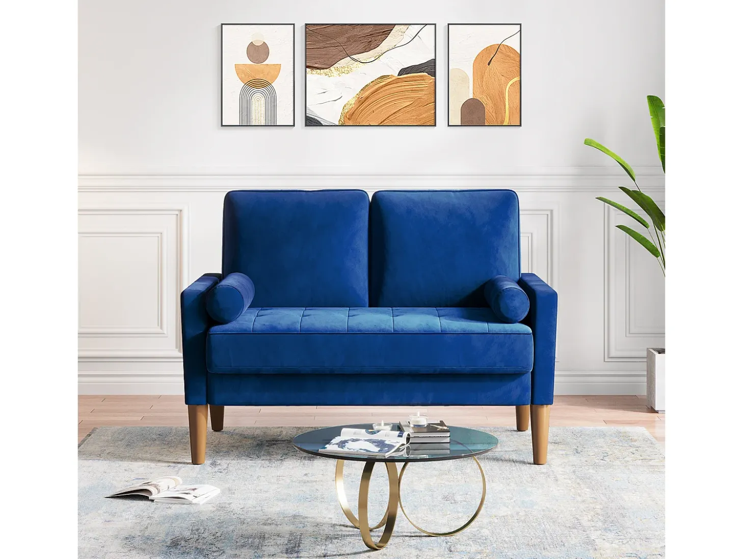 Sofá com 2 assentos escandinavos, mini sofá de poltrona em Velvet Adeset, poltrona da sala com apoios de braços, 121x77x87cm - azul