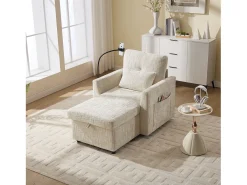 Sofá com 2 bolsos laterais e espaço para arrumação - Tecido chenille - Bege