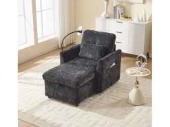 Sofá com 2 bolsos laterais e espaço para arrumação - Tecido chenille - Preto
