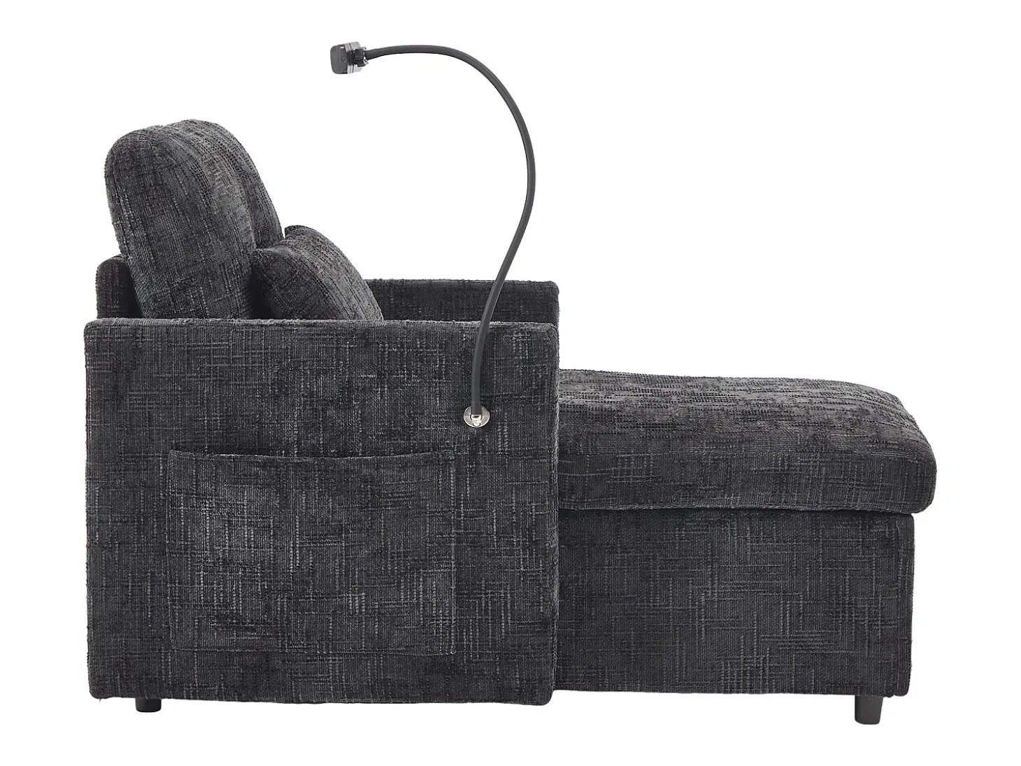 Sofá com 2 bolsos laterais e espaço para arrumação - Tecido chenille - Preto