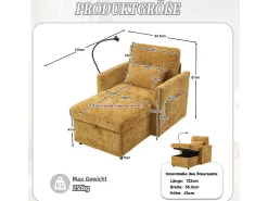 Sofá com 2 bolsos laterais e espaço para arrumação - Tecido chenille - Amarelo mostarda