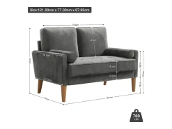 Sofá com 2 lugares escandinavos de 2 lugares, mini sofá de braço laminado em Velvet Adeset, poltrona da sala com apoios de braços, 121x77x87cm - cinza