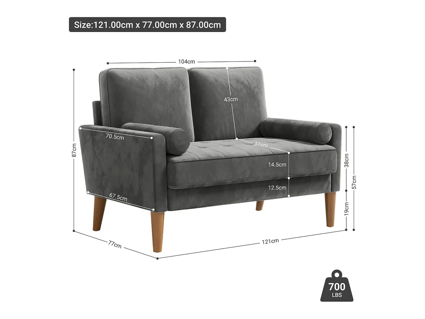 Sofá com 2 lugares escandinavos de 2 lugares, mini sofá de braço laminado em Velvet Adeset, poltrona da sala com apoios de braços, 121x77x87cm - cinza