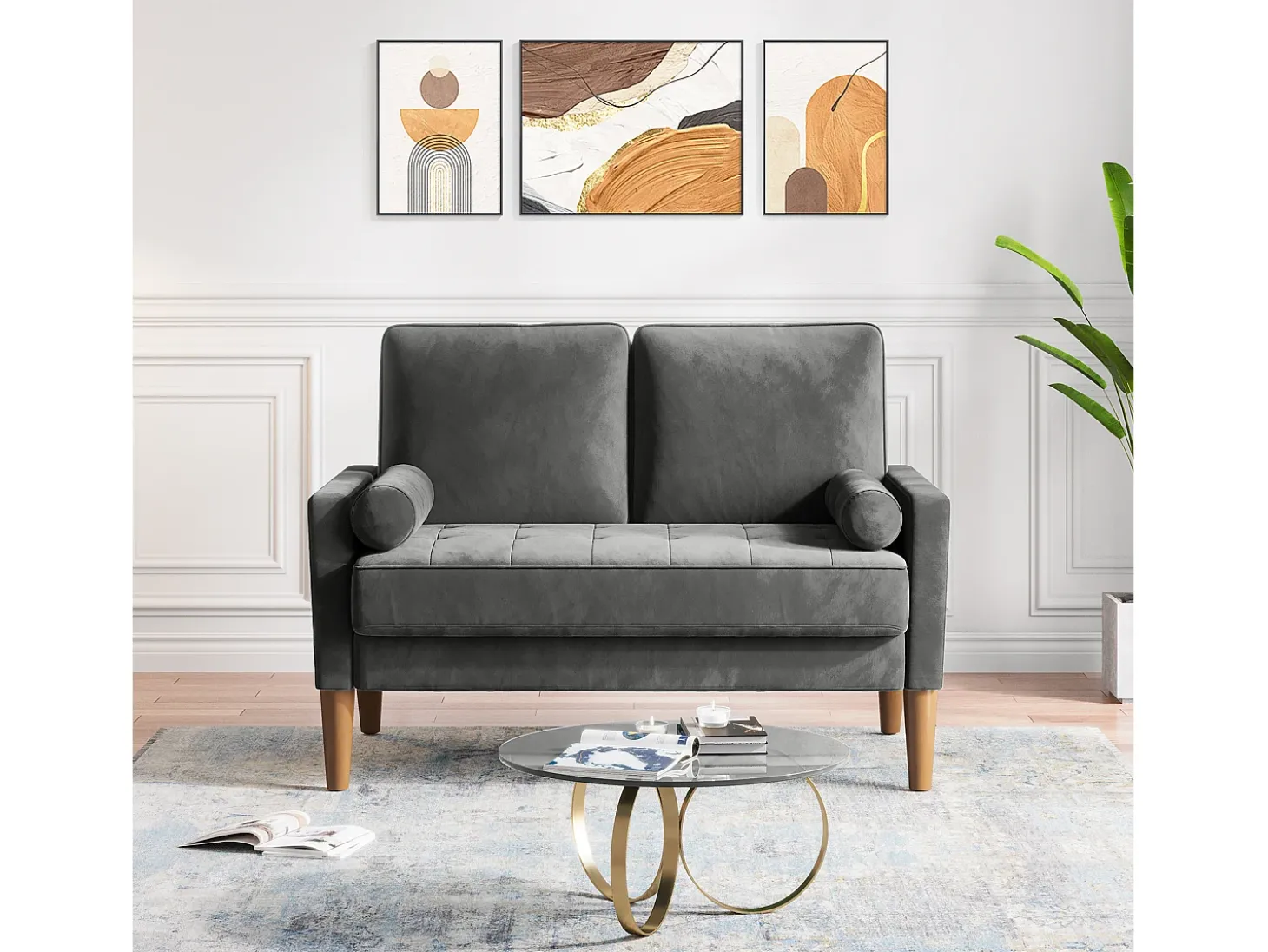 Sofá com 2 lugares escandinavos de 2 lugares, mini sofá de braço laminado em Velvet Adeset, poltrona da sala com apoios de braços, 121x77x87cm - cinza