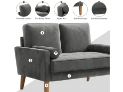 Sofá com 2 lugares escandinavos de 2 lugares, mini sofá de braço laminado em Velvet Adeset, poltrona da sala com apoios de braços, 121x77x87cm - cinza