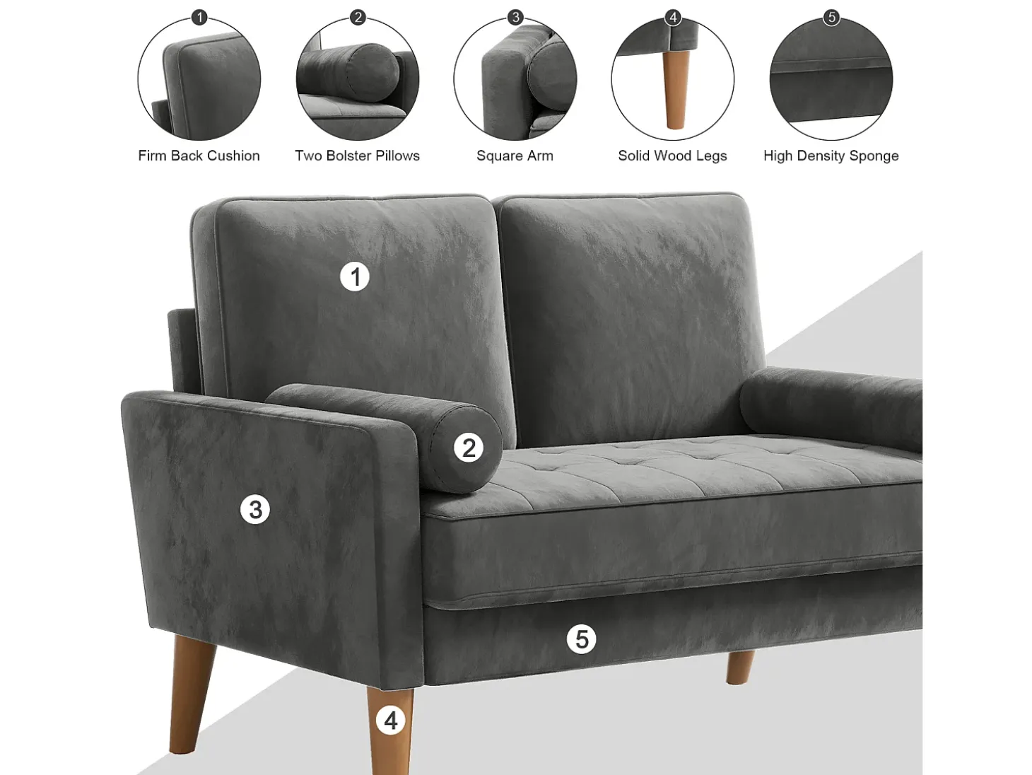 Sofá com 2 lugares escandinavos de 2 lugares, mini sofá de braço laminado em Velvet Adeset, poltrona da sala com apoios de braços, 121x77x87cm - cinza