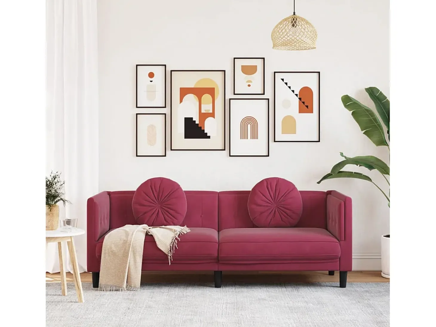 Sofá com almofadões 3 lugares veludo vermelho tinto PT848072