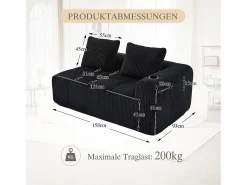 Sofá confortável de 2 lugares - 158 x 93 x 61 cm - não requer montagem - com almofadas de encosto e bolso - veludo - preto