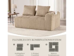 Sofá confortável de 2 lugares - 158 x 93 x 61 cm - não requer montagem - com almofadas de encosto + bolso - veludo - cáqui