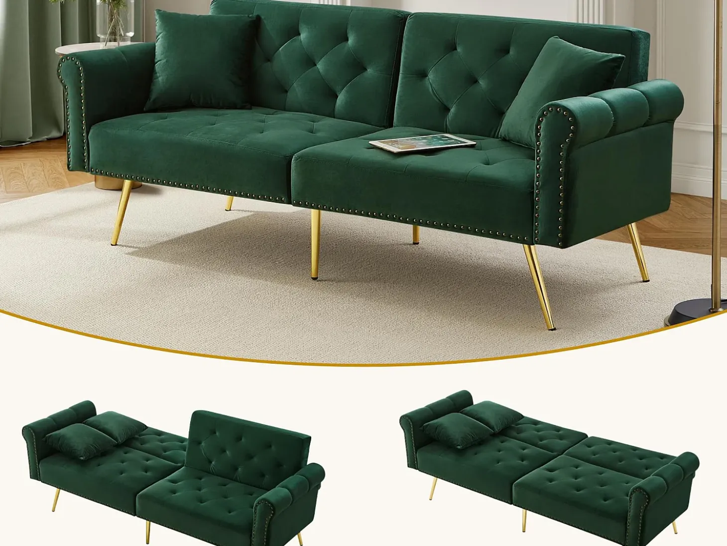 Sofá contemporâneo 2 lugares - Veludo - Encosto ajustável em 3 níveis - Verde
