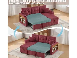 Sofá conversível de 3 lugares - com espaço de armazenamento e cama retrátil + USB + LEDs + porta-copos - veludo - vermelho