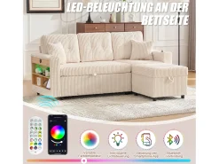 Sofá conversível de 3 lugares - com espaço de armazenamento e cama retrátil + USB + LEDs + porta-copos - veludo - bege