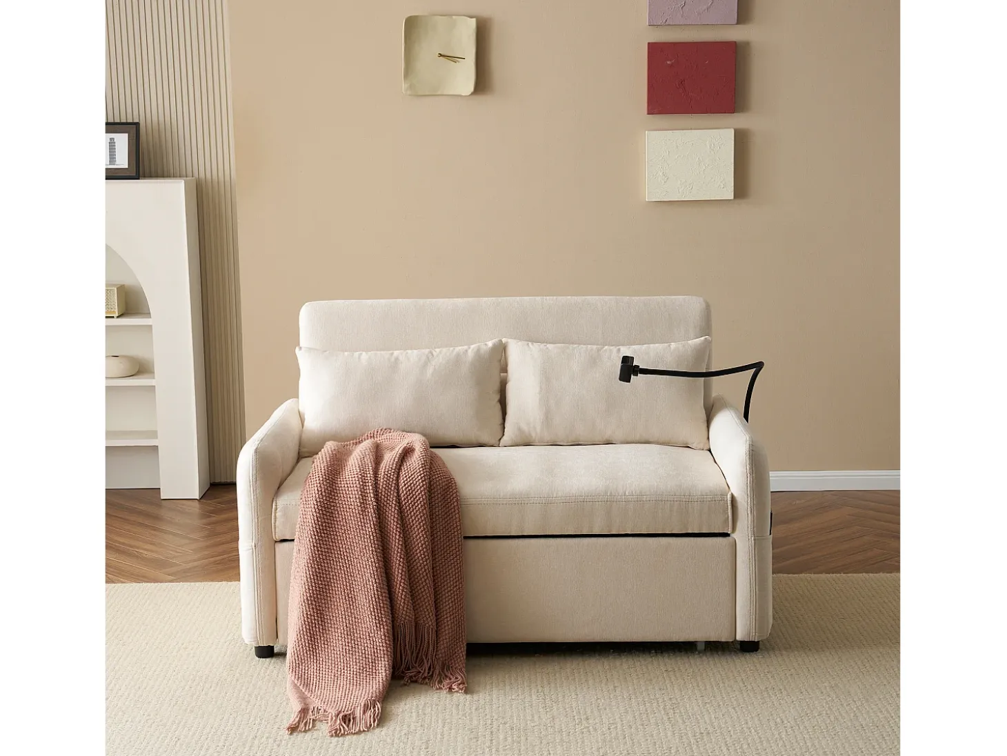 Sofá conversível de 2 lugares com encosto ajustável - Suporte e tomada USB - Tecido Chenille - Função dormir - Bege