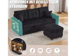 Sofá conversível de 3 lugares - com espaço de armazenamento e cama retrátil + USB + LEDs + porta-copos - veludo - preto