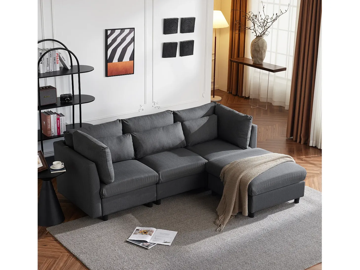 Sofá conversível de canto direito com apoio para pés - Tecido de linho - 220 x 83 x 81 cm - Cinza