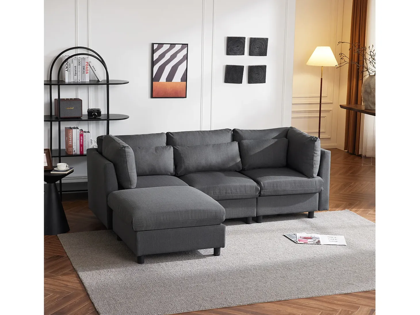 Sofá conversível de canto direito com apoio para pés - Tecido de linho - 220 x 83 x 81 cm - Cinza
