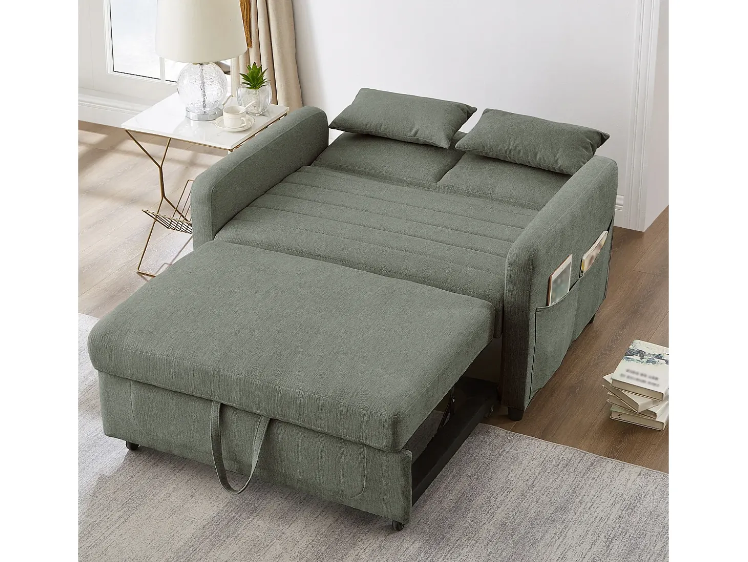 Sofá conversível duplo 114 x 77 x 82,5 cm - encosto ajustável em três níveis - tecido de algodão e linho - verde militar