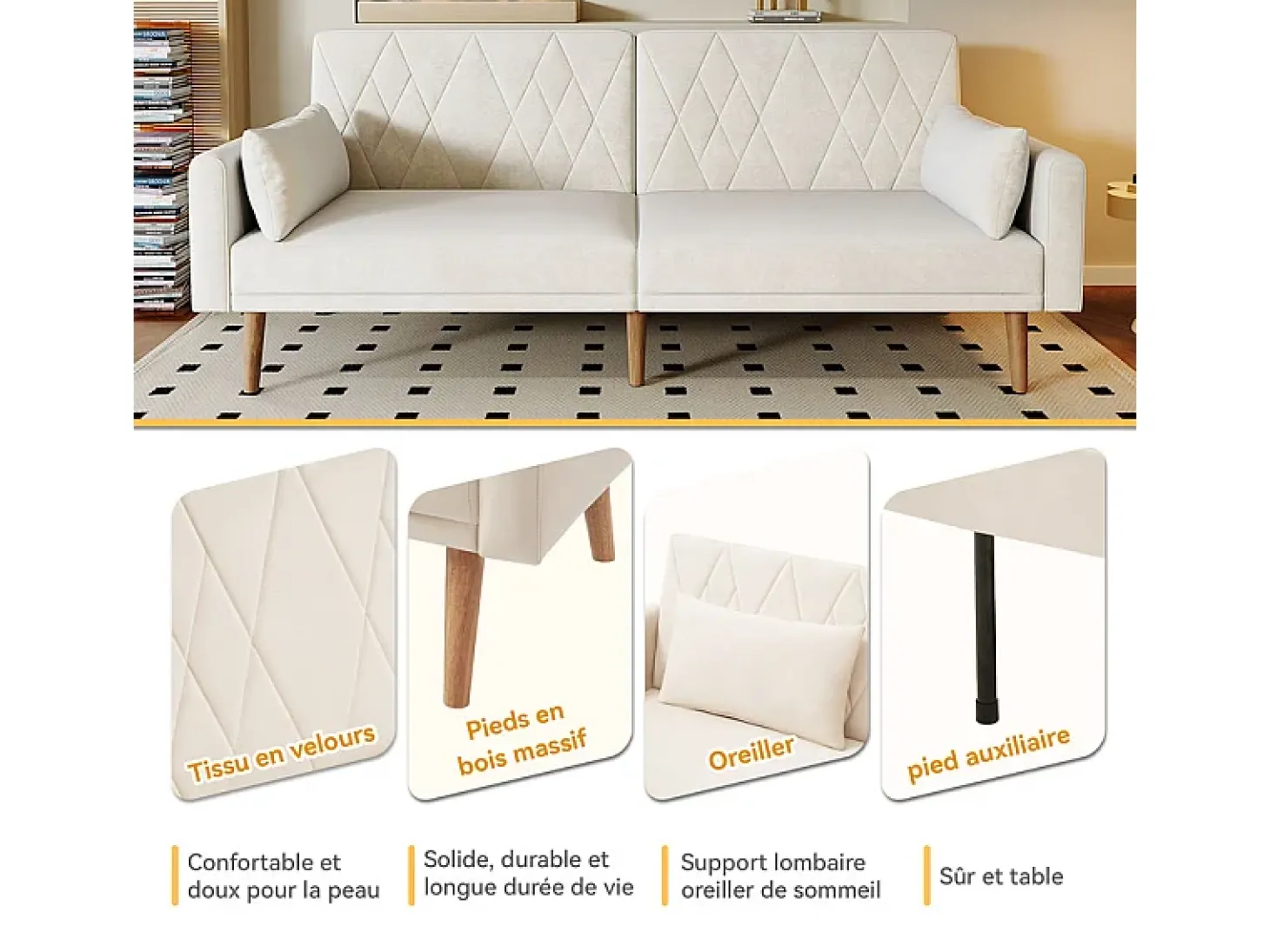 Sofá conversível em veludo bege - com 2 almofadas - braços e encosto ajustáveis - pés em madeira maciça - 180x75x82cm