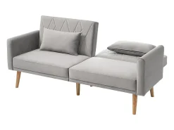 Sofá conversível em veludo cinza - com 2 almofadas - braços e encosto ajustáveis - pés em madeira maciça - 180x75x82cm