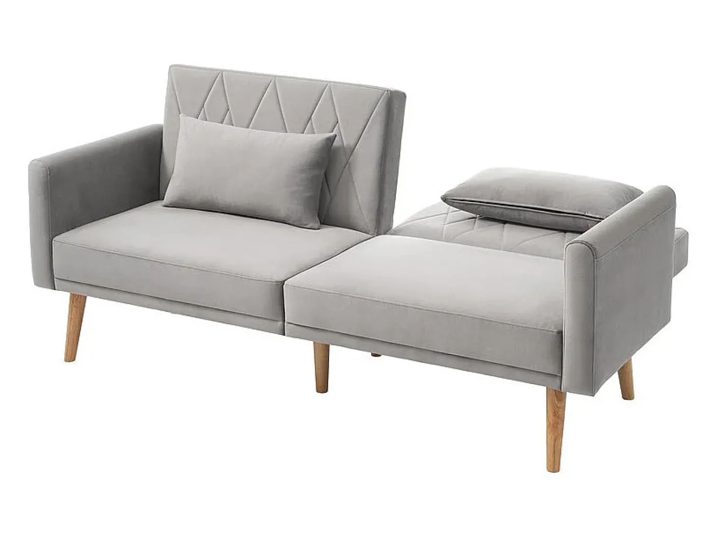 Sofá conversível em veludo cinza - com 2 almofadas - braços e encosto ajustáveis - pés em madeira maciça - 180x75x82cm