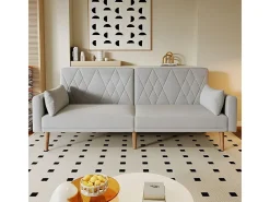 Sofá conversível em veludo cinza - com 2 almofadas - braços e encosto ajustáveis - pés em madeira maciça - 180x75x82cm