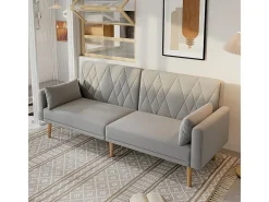 Sofá conversível em veludo cinza - com 2 almofadas - braços e encosto ajustáveis - pés em madeira maciça - 180x75x82cm