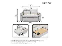 Sofá conversível para 2 pessoas 140.5x74x82 cm - Encosto ajustável - Porta USB - Porta-copos - Mesa de apoio - Bege