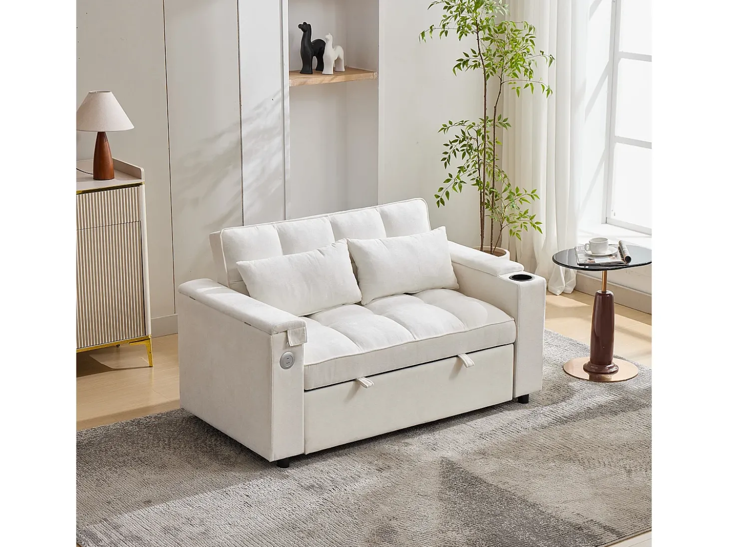 Sofá conversível para 2 pessoas 140.5x74x82 cm - Encosto ajustável - Porta USB - Porta-copos - Mesa de apoio - Bege