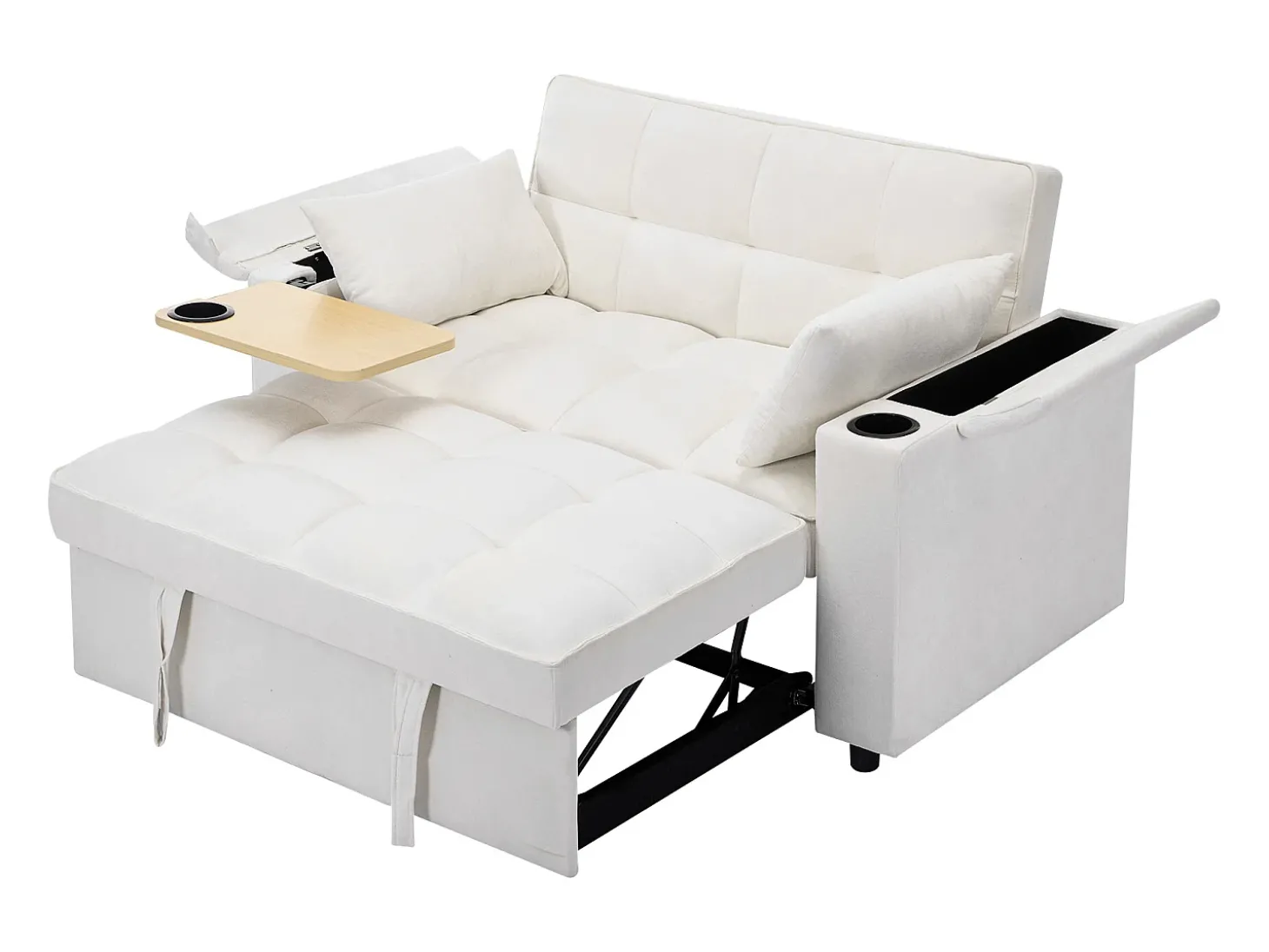 Sofá conversível para 2 pessoas 140.5x74x82 cm - Encosto ajustável - Porta USB - Porta-copos - Mesa de apoio - Bege