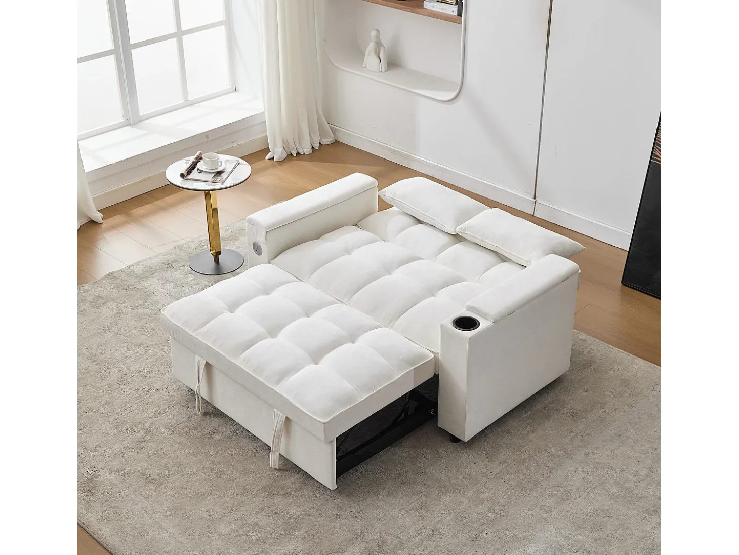 Sofá conversível para 2 pessoas 140.5x74x82 cm - Encosto ajustável - Porta USB - Porta-copos - Mesa de apoio - Bege