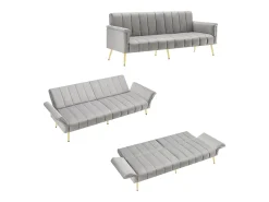 Sofá conversível reto de 2 lugares em veludo cinza claro, encosto e braços dobráveis ​​- 183x76x75cm